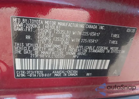 2020 Toyota Rav4 Le z USA, uszkodzony, nr VIN 2T3F1RFV9LC105507